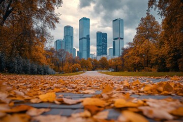 Poster - Autumn leaves on path leading to cityscape.