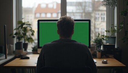 Aufkleber - Man sitting at desk, back to camera, viewing green screen computer.