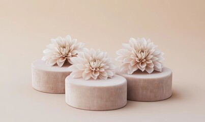 Aufkleber - Three pale pink dahlias on minimalist beige podiums against a soft peach background.