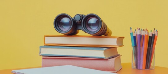 Poster - Binoculars on books, pencils in glass, yellow background.