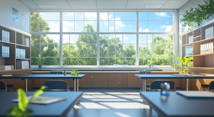 Poster - Sunlit classroom with large window, desks, bookshelves, and plants.