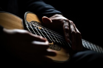 Aufkleber - Close-up of hands gently holding a classical guitar in low light.