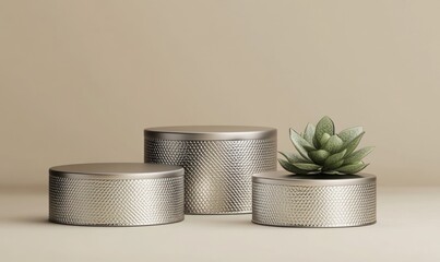 Aufkleber - Three metallic cylindrical podiums with a succulent plant on top, set against a beige background.