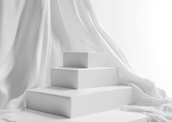 Poster - Minimalist white tiered display platform draped with fabric.