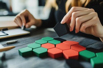 Poster - Close-up of hands arranging colorful hexagonal puzzle pieces on a wooden table.