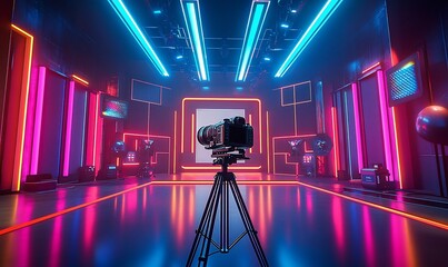 Poster - A vibrant studio setup featuring a camera on a tripod in neon lighting.