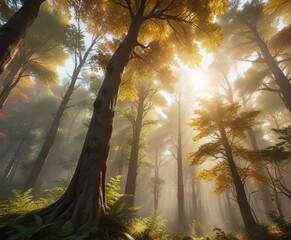 The sunlight casts a warm glow over the forest canopy , woodlands, canopy, autumn