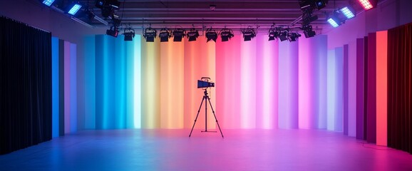 Poster - A vibrant studio setup with colorful lights and a camera on a tripod.