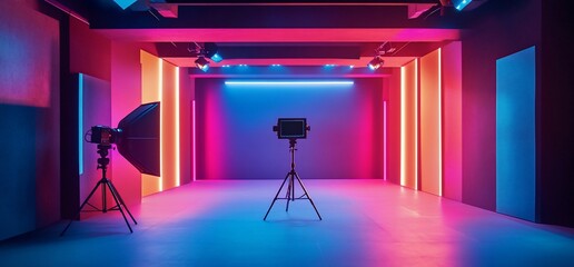 Poster - A vibrant photography studio with colorful lighting and equipment setup.