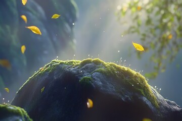 Poster - Mossy rock with falling leaves in sunlight.