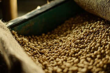 Poster - Close-up of harvested soybeans in burlap sack.