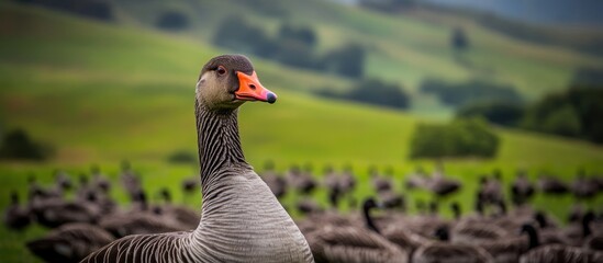 Poster - Greylag goose portrait in a flock, green field background.