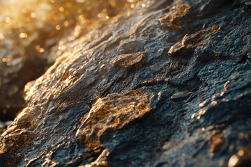 Fototapete - Close-up of wet dark rock surface texture with golden sunlight highlights.