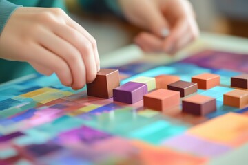 Poster - Child's hands placing colorful wooden block on a vibrant game board.