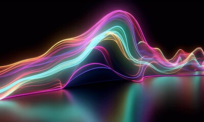 Poster - 3d render of a glowing wave on dark background