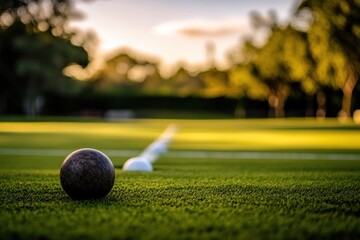 Poster - Close-up of a dark brown bocce ball on a green lawn at sunset, with white balls and lines in the background.
