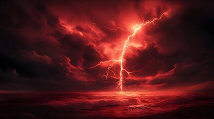 Wall Mural - Crimson Sky Red Lightning Strikes Ocean Waves