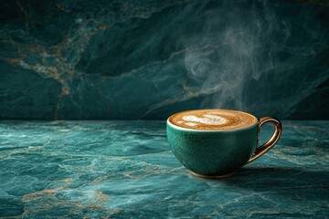 Aufkleber - Steaming cappuccino in teal cup on dark marble.