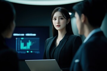Poster - Confident businesswoman presenting data to colleagues in modern office.