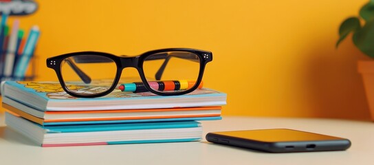 Poster - Eyeglasses on stack of books and phone on desk.