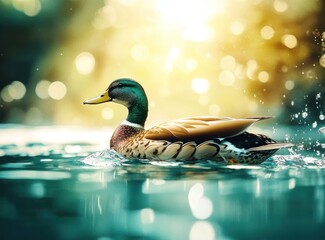 Poster - Mallard duck swimming in calm water, sunlight bokeh background.