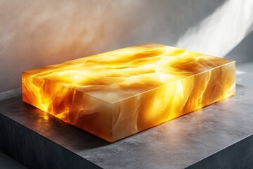 Poster - Illuminated amber onyx block on grey platform.