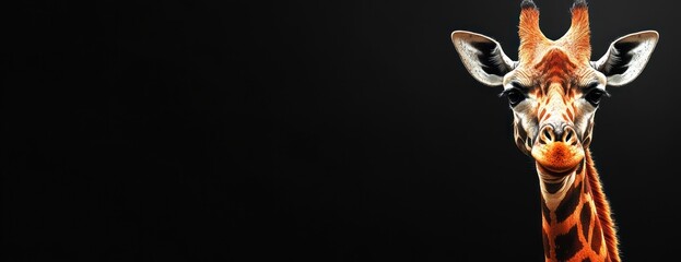 Poster - Close-up portrait of a giraffe against a black background.