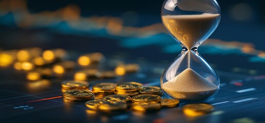 Poster - An hourglass beside scattered coins symbolizes time and wealth management.
