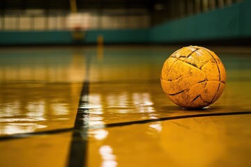 Aufkleber - Worn yellow ball sits on wet indoor court.