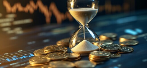 Poster - An hourglass on coins with a financial graph background, symbolizing time and wealth.