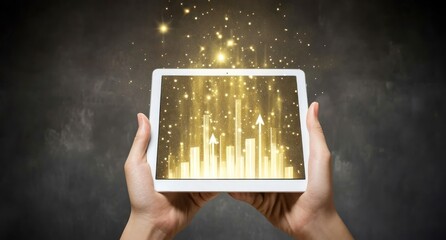 Poster - Hands holding tablet displaying upward trending graph with glowing particles.