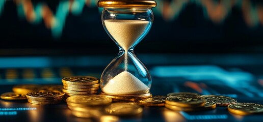 Poster - An hourglass surrounded by coins, symbolizing time and wealth management.