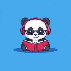 Aufkleber - Cute panda wearing headphones reading a book.