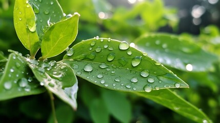 Wall Mural - Delicate dew drops glistening on lush green leaves surrounded by a soft misty atmosphere suggesting active in a tranquil natural landscape