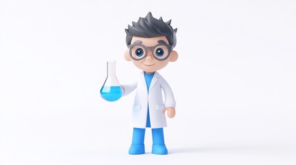 Poster - Cartoon scientist holding a beaker with blue liquid.