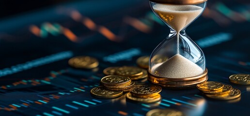 Poster - Hourglass beside coins on a financial chart, symbolizing time and investment.
