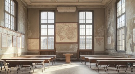 Aufkleber - Sunlit classroom with antique world map, wooden desks, and large windows.