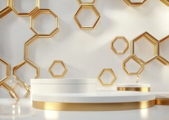 Poster - White and gold geometric podium display.