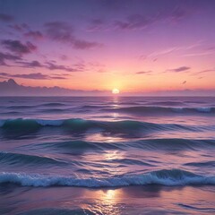 Wall Mural - a misty ocean at sunset with soft blue purple hues, light, beach