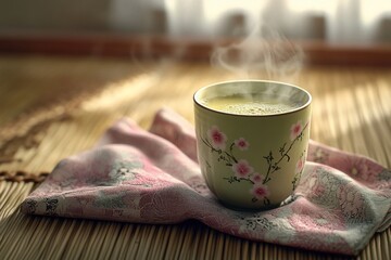 Poster - Steaming cup of tea on a mat.