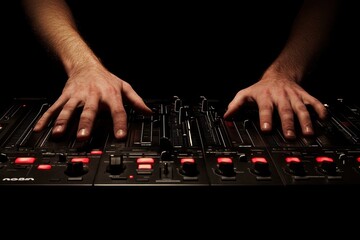 Fototapete - Close-up of hands using a DJ mixer in low light.