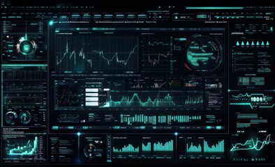 Poster - Futuristic digital dashboard with graphs, charts, and data visualizations.