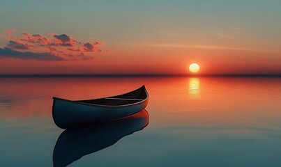 Aufkleber - Serene sunset over calm waters with a lone canoe.