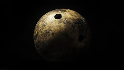 Aufkleber - Close-up of a worn, gold bowling ball against a black background.