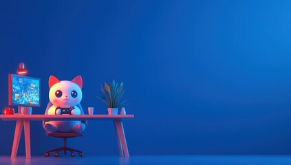 Poster - Cute cartoon cat playing video games on a computer at a desk in a blue room.