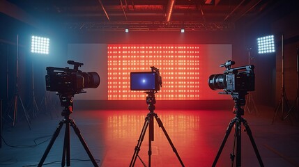 Poster - Studio setup with cameras and LED screen for video production.