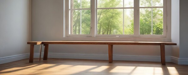 Wall Mural - A wooden bench placed in front of a window with natural light, , minimalist, modern aesthetic