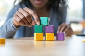 Poster - Close-up of woman's hand placing colorful wooden blocks, building a tower on a table.