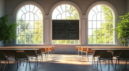 Poster - Sunlit classroom with arched windows, quote on chalkboard, and empty desks.
