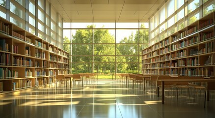 Poster - Sunlit library interior with bookshelves, tables, and large windows overlooking a green landscape.
